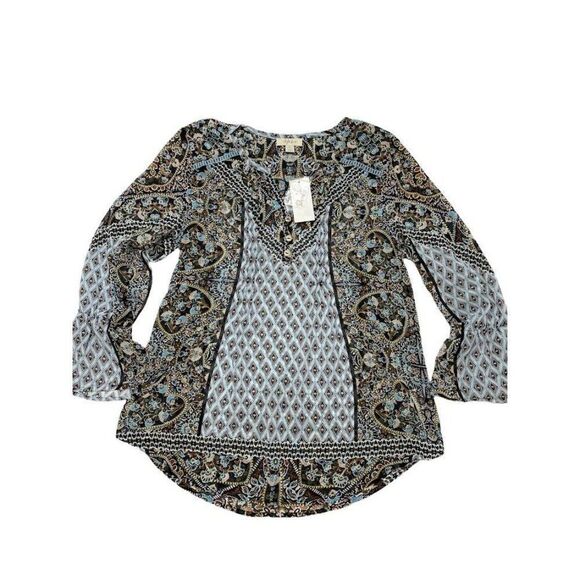 Style & Co Blue Black‎ Print Chiffon Split Neck Blouse Top XS - Picture 2 of 7